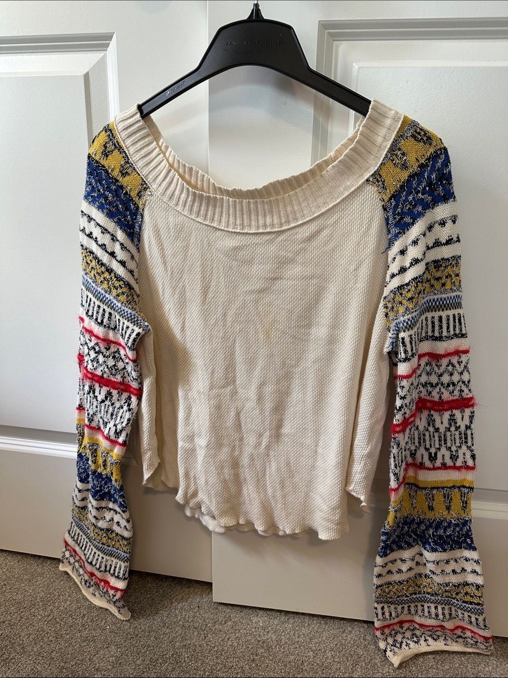 Free People Ivory Knit Top with Multicolor Patterned Balloon Sleeves
